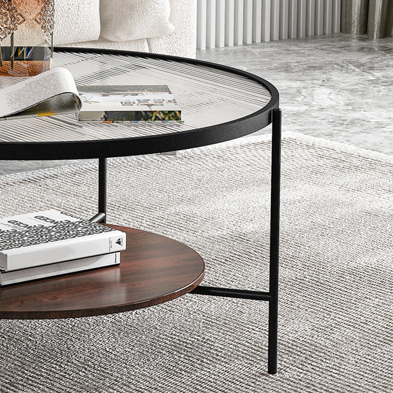 17.7" H Round Glass Top Coffee Table Steel 4 Legs Cocktail Table with Shelf