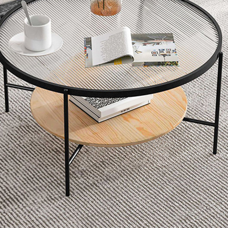 17.7" H Round Glass Top Coffee Table Steel 4 Legs Cocktail Table with Shelf