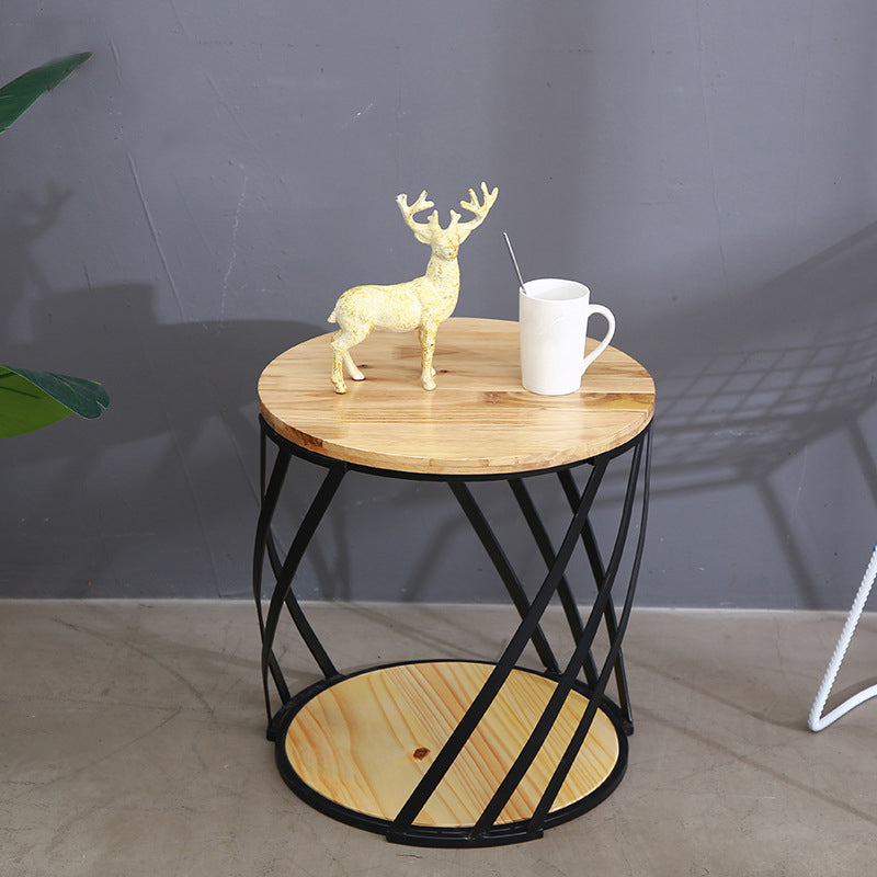 Drum End Table with Storage Solid Wood Round Top and Metal Base