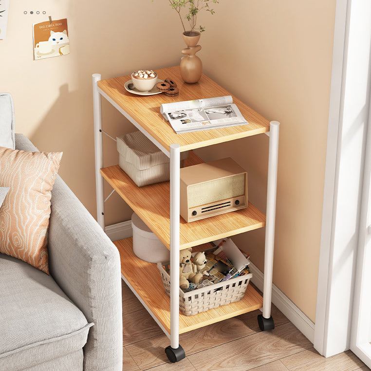 Wheel Side End Table Wooden Sofa Side Accent Table with 2 Shelves