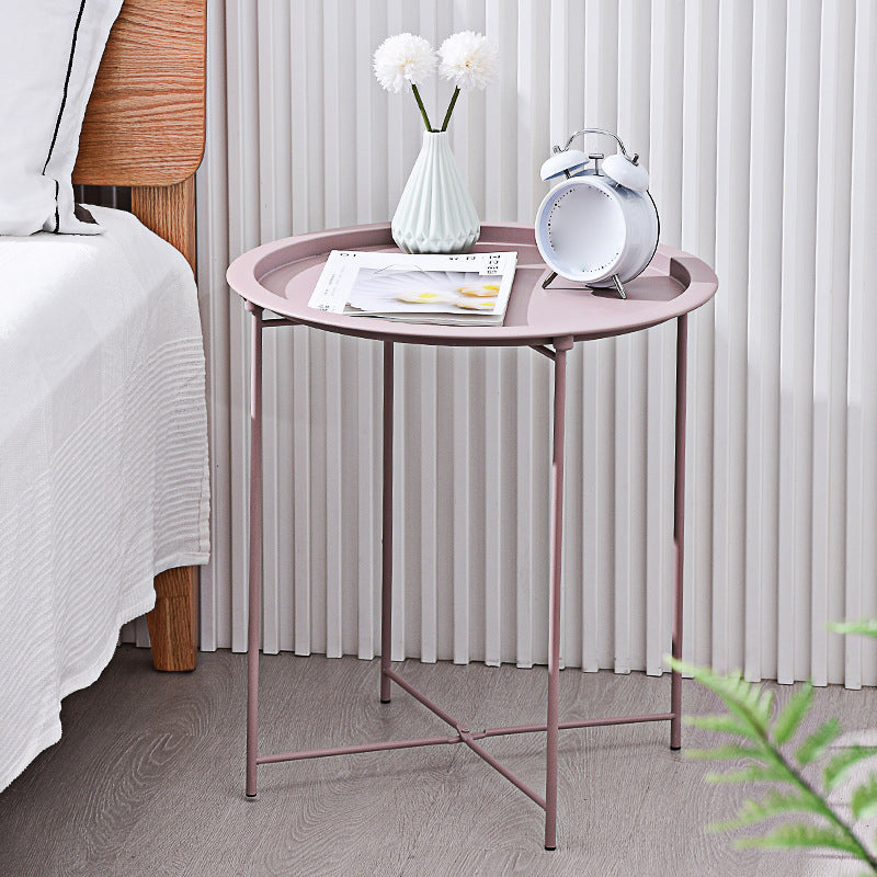 Round Tray Top Side Table Mid-Century Metal Cross Legs End Table
