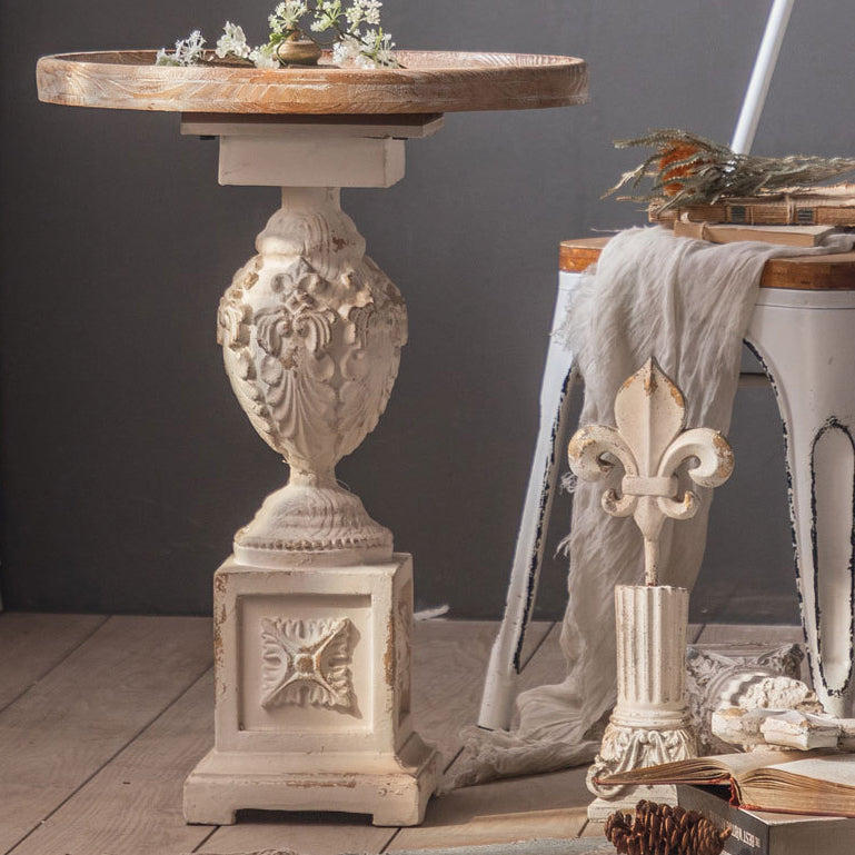 Pedestal Distressed Round Sofa Side Accent Table Rustic Side End Table in White