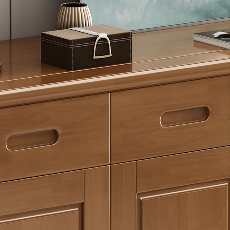 Mid-Century Modern Cabinet Rubberwood 2-Drawer with Shelves Grooves Accent Cabinet