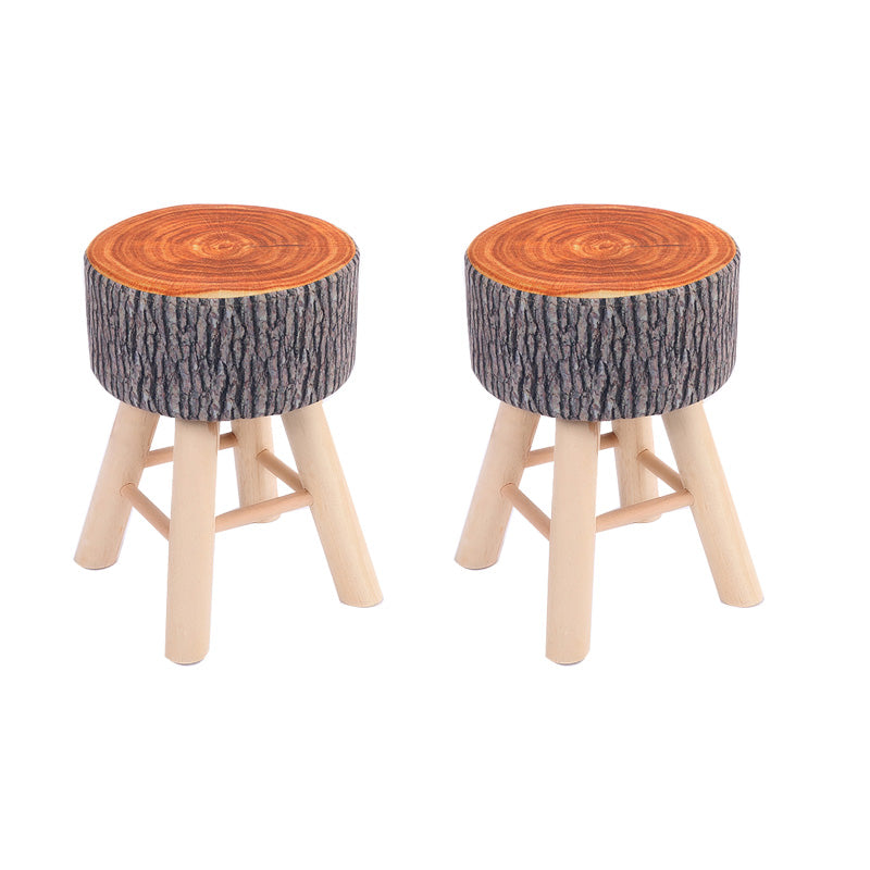 Wool Frame Pouf Stool Contrast Color Round Upholstered Fade Resistant Linen Blend Pouf