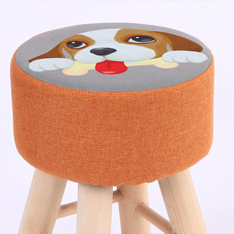 Wool Frame Pouf Stool Contrast Color Round Upholstered Fade Resistant Linen Blend Pouf