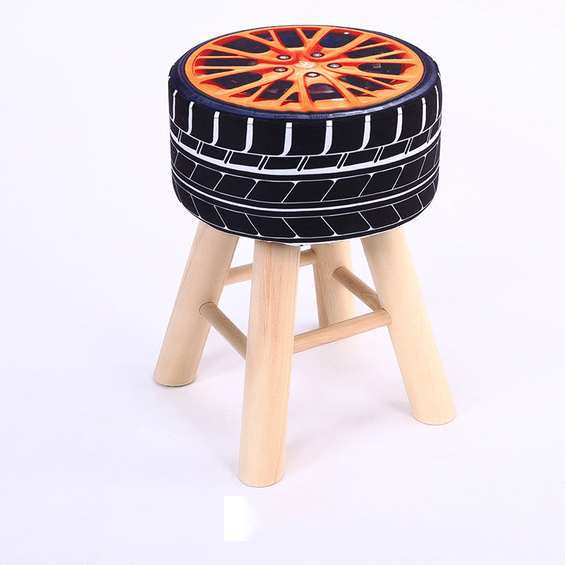 Wool Frame Pouf Stool Contrast Color Round Upholstered Fade Resistant Linen Blend Pouf