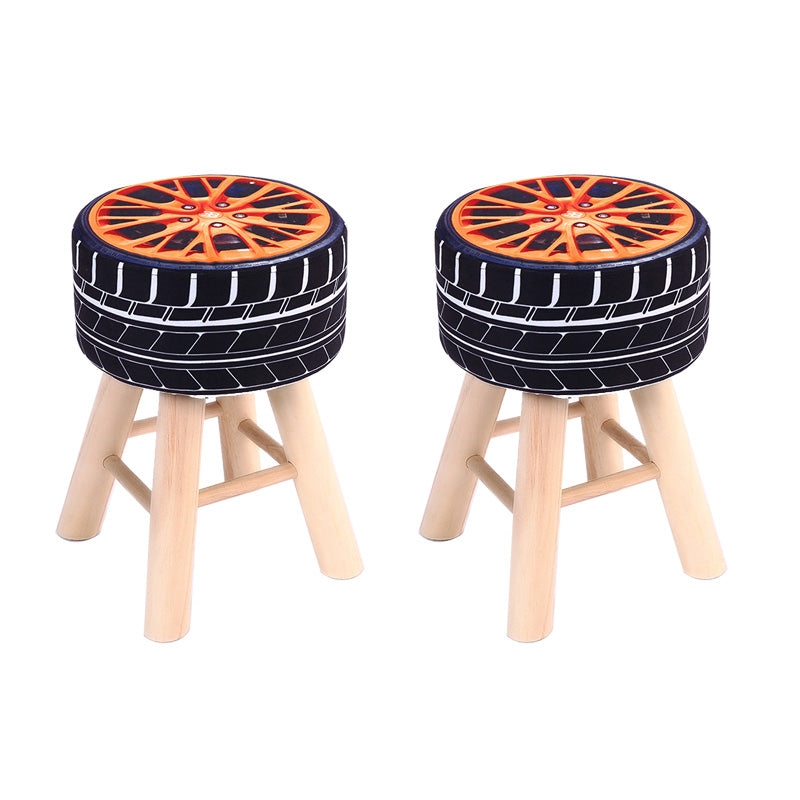 Wool Frame Pouf Stool Contrast Color Round Upholstered Fade Resistant Linen Blend Pouf