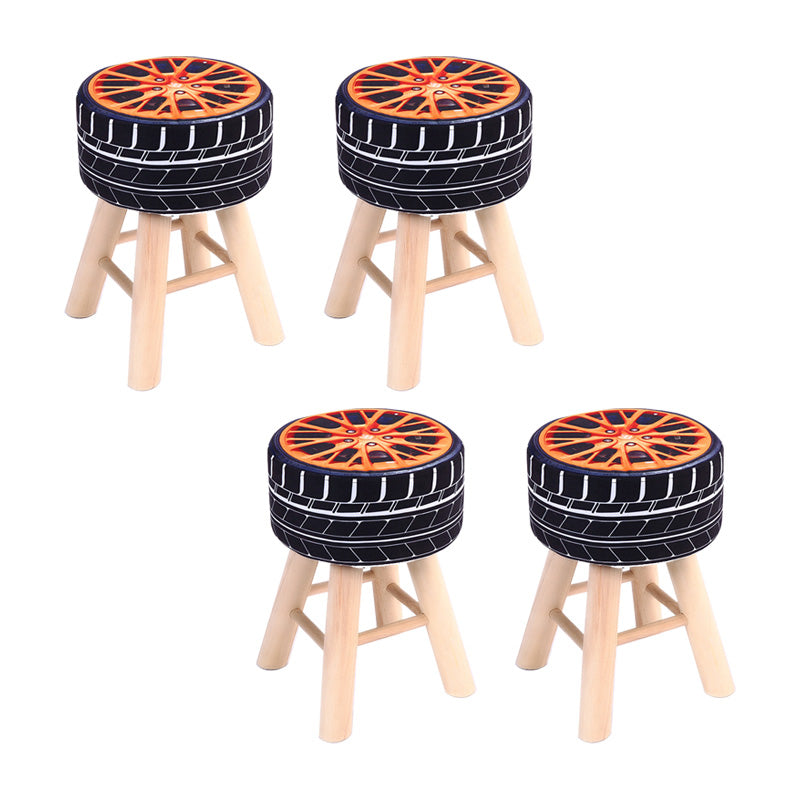 Wool Frame Pouf Stool Contrast Color Round Upholstered Fade Resistant Linen Blend Pouf