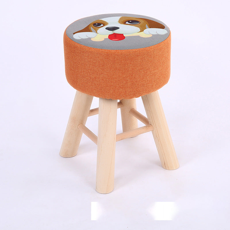 Wool Frame Pouf Stool Contrast Color Round Upholstered Fade Resistant Linen Blend Pouf
