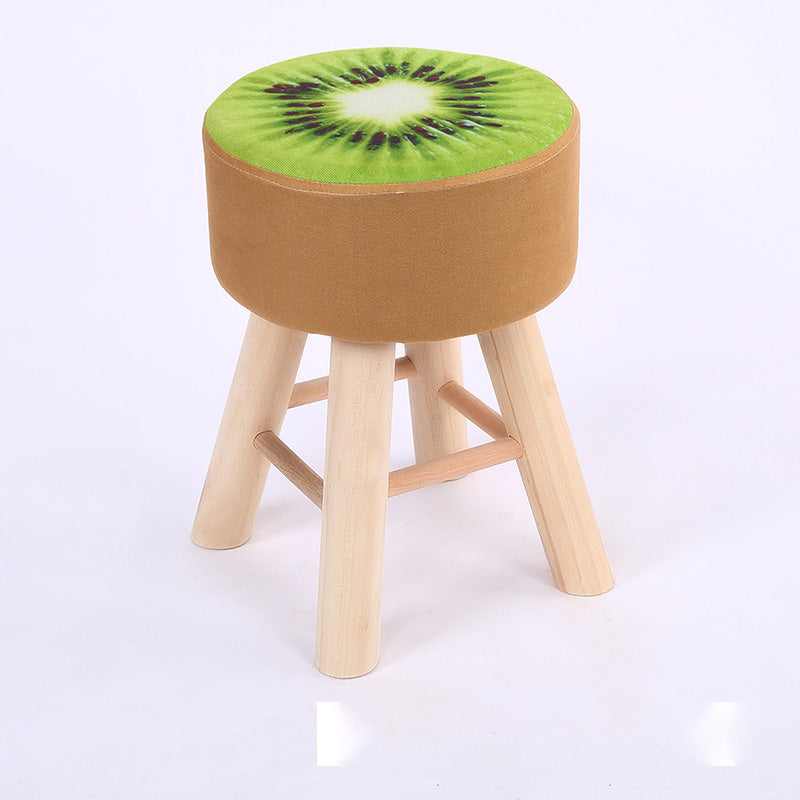 Wool Frame Pouf Stool Contrast Color Round Upholstered Fade Resistant Linen Blend Pouf