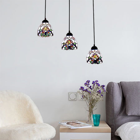 Victorian Domed Multi Light Pendants Stained Glass 3 Lights Hanging Pendant in White for Dining Room