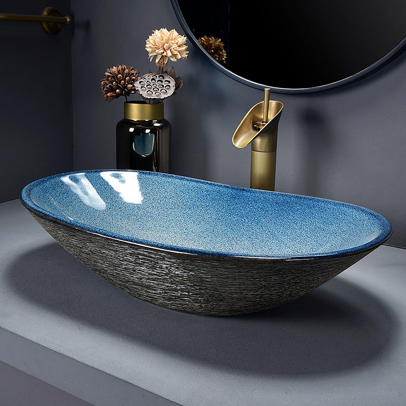 Traditional Vessel Bathroom Sink Oval Porcelain with Overflow and Drain Assembly Vessel