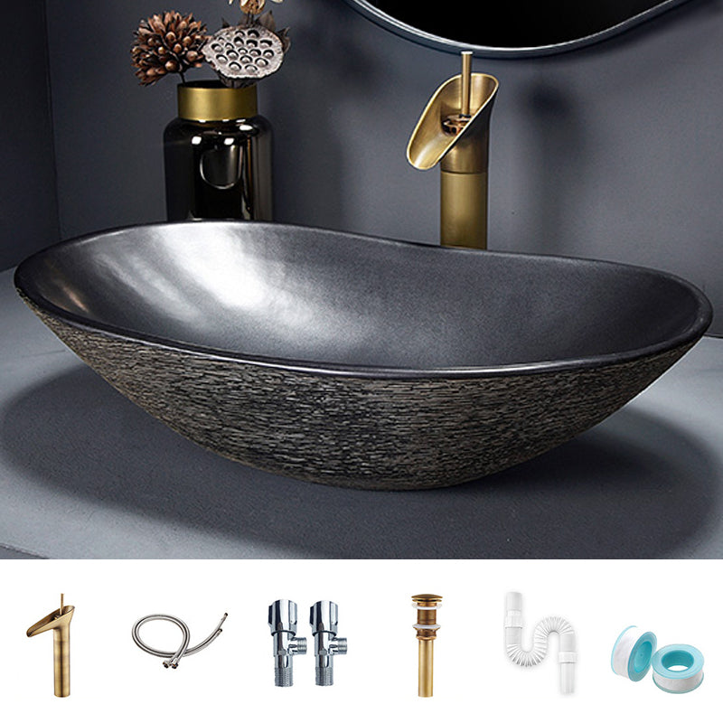 Traditional Vessel Bathroom Sink Oval Porcelain with Overflow and Drain Assembly Vessel