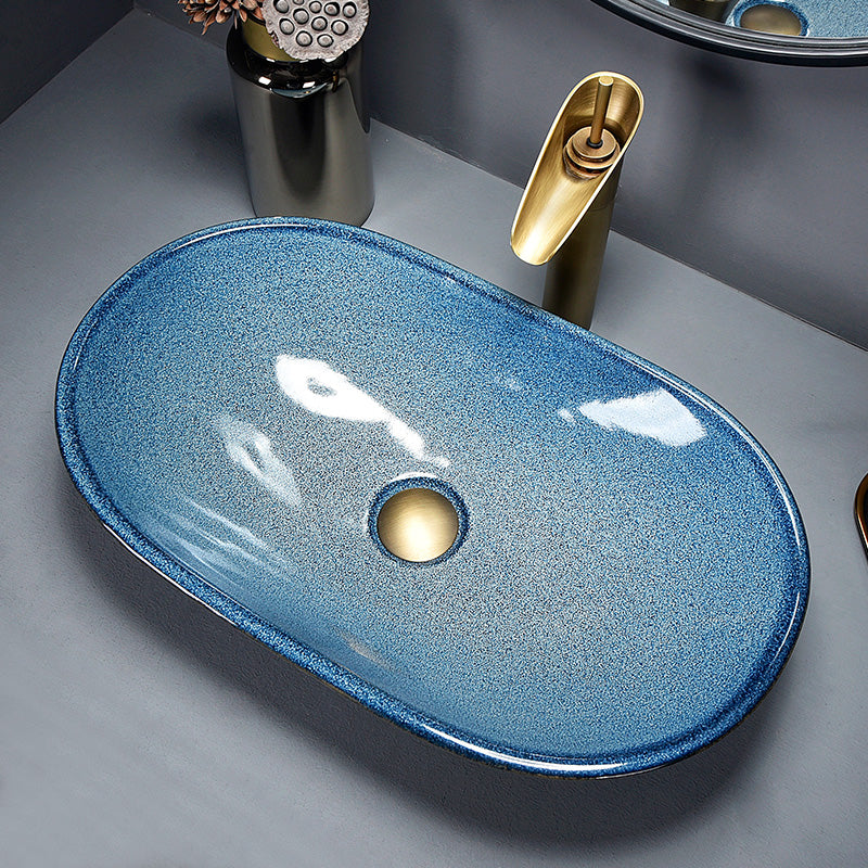Traditional Vessel Bathroom Sink Oval Porcelain with Overflow and Drain Assembly Vessel
