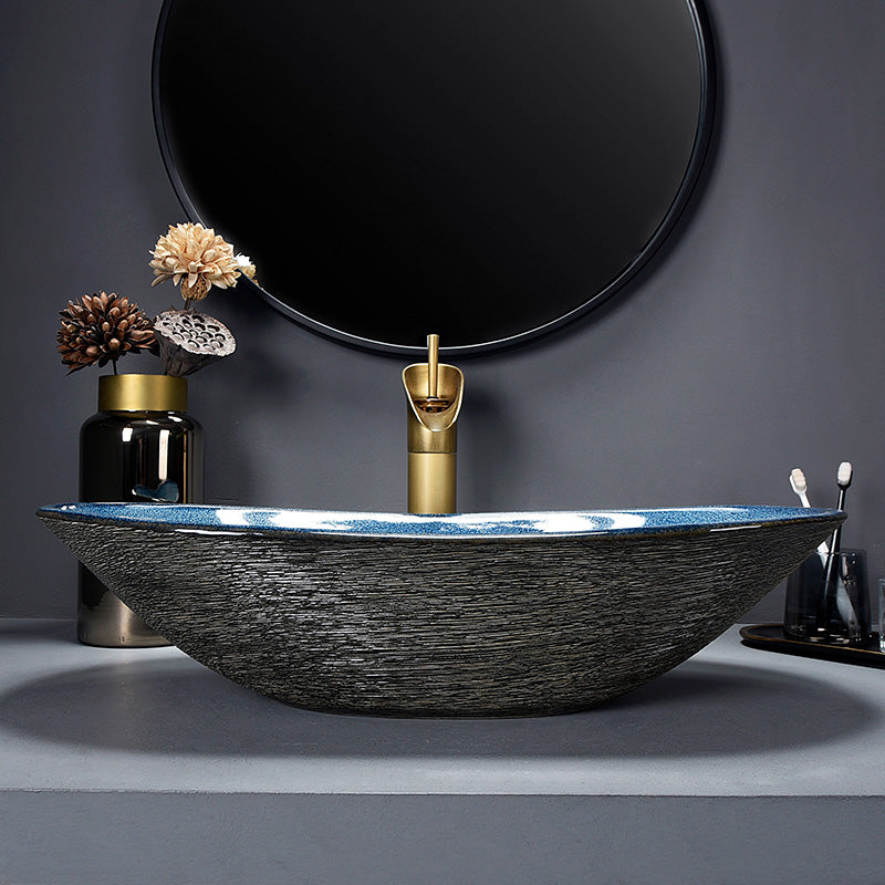 Traditional Vessel Bathroom Sink Oval Porcelain with Overflow and Drain Assembly Vessel