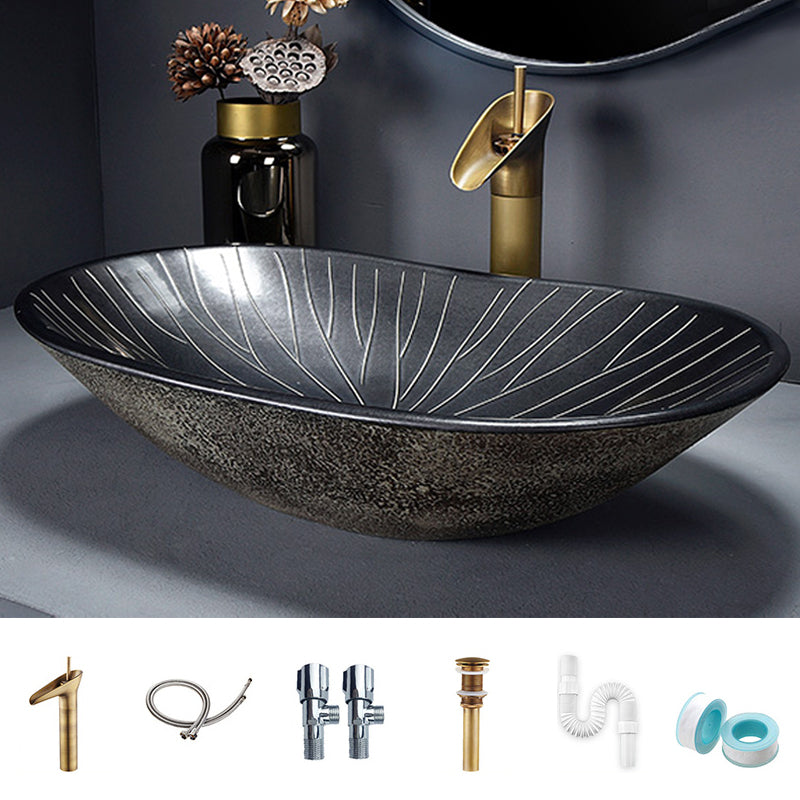Traditional Vessel Bathroom Sink Oval Porcelain with Overflow and Drain Assembly Vessel