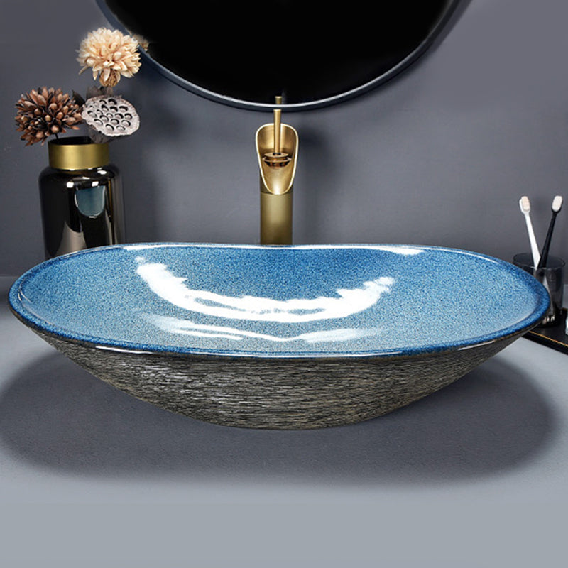 Traditional Vessel Bathroom Sink Oval Porcelain with Overflow and Drain Assembly Vessel