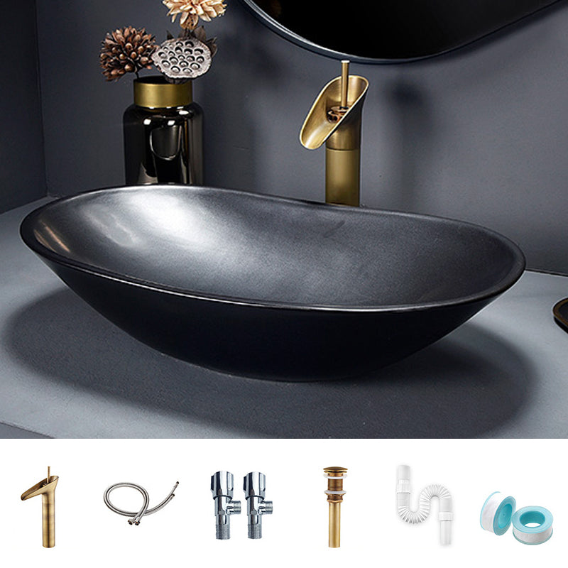 Traditional Vessel Bathroom Sink Oval Porcelain with Overflow and Drain Assembly Vessel