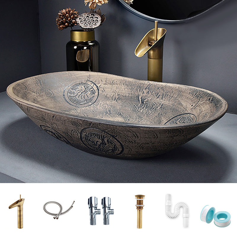 Traditional Vessel Bathroom Sink Oval Porcelain with Overflow and Drain Assembly Vessel