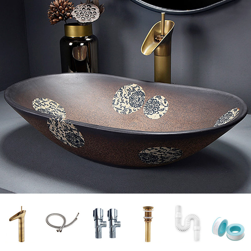 Traditional Vessel Bathroom Sink Oval Porcelain with Overflow and Drain Assembly Vessel