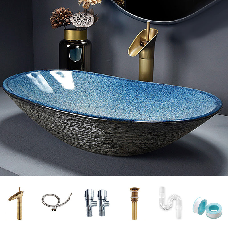Traditional Vessel Bathroom Sink Oval Porcelain with Overflow and Drain Assembly Vessel