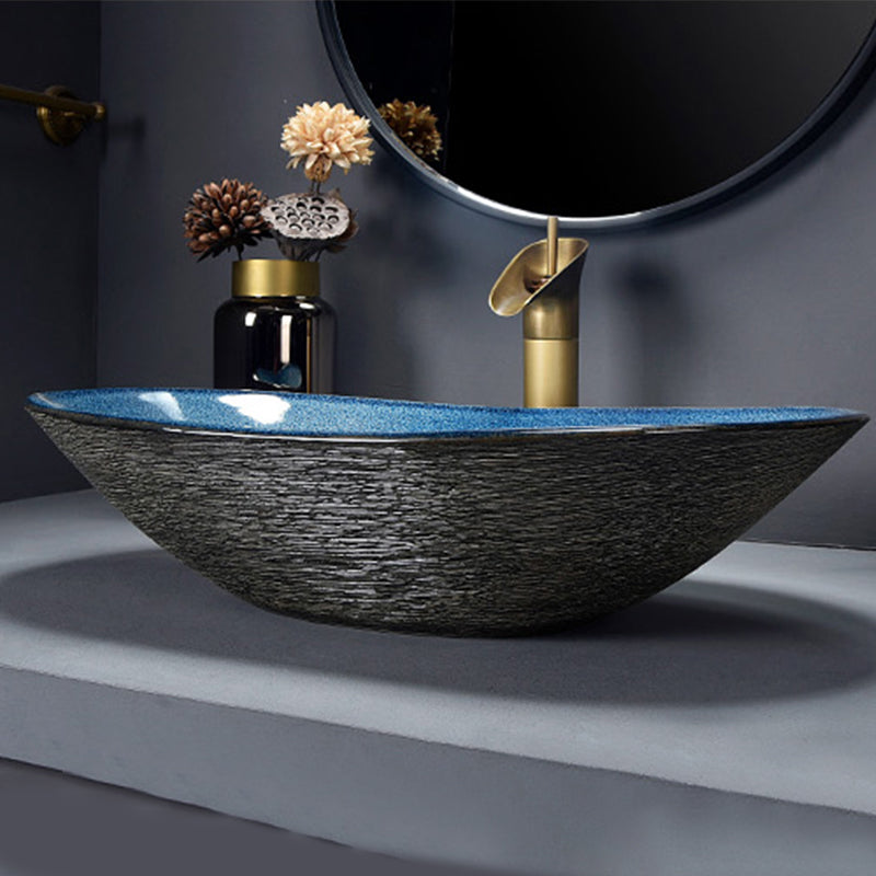 Traditional Vessel Bathroom Sink Oval Porcelain with Overflow and Drain Assembly Vessel