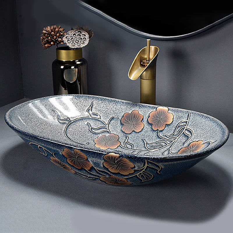 Traditional Vessel Bathroom Sink Oval Porcelain with Overflow and Drain Assembly Vessel