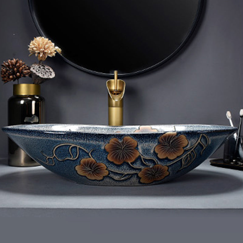 Traditional Vessel Bathroom Sink Oval Porcelain with Overflow and Drain Assembly Vessel