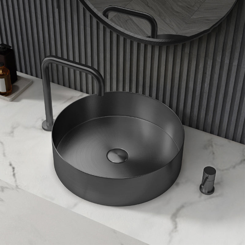 Modern Vessel Bathroom Sink Metal Round with Pop-Up Drain Wash Stand
