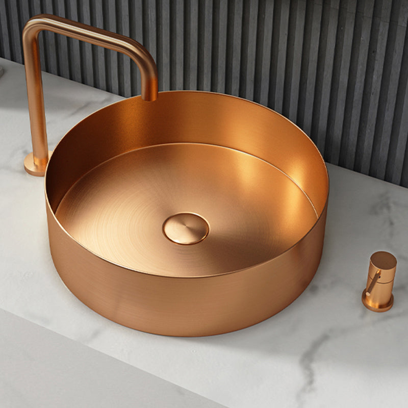 Modern Vessel Bathroom Sink Metal Round with Pop-Up Drain Wash Stand