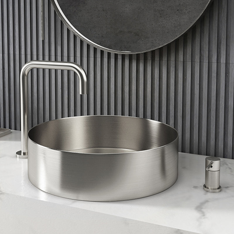 Modern Vessel Bathroom Sink Metal Round with Pop-Up Drain Wash Stand