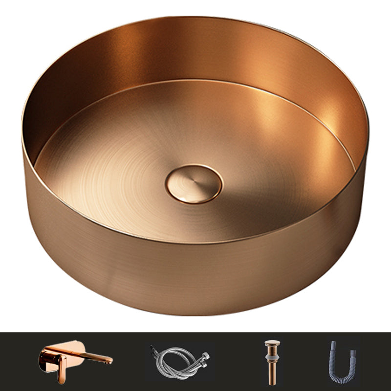 Modern Vessel Bathroom Sink Metal Round with Pop-Up Drain Wash Stand