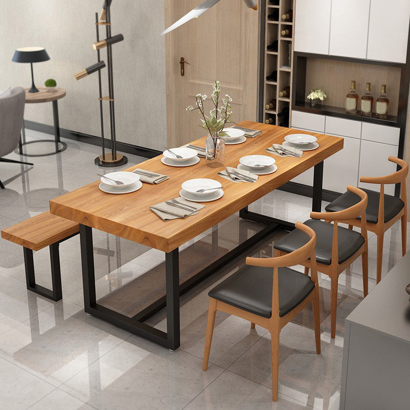 Solid Wood Top Table with Metal Base Industrial Rectangle Dining Table