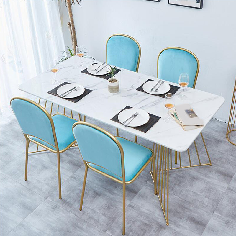 Rectangle Double Pedestal Dining Table Glam Faux Marble Table for Kitchen