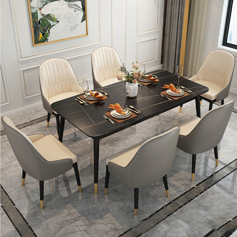 Rectangle Black Base Dining Table Glam Stone Table for Kitchen