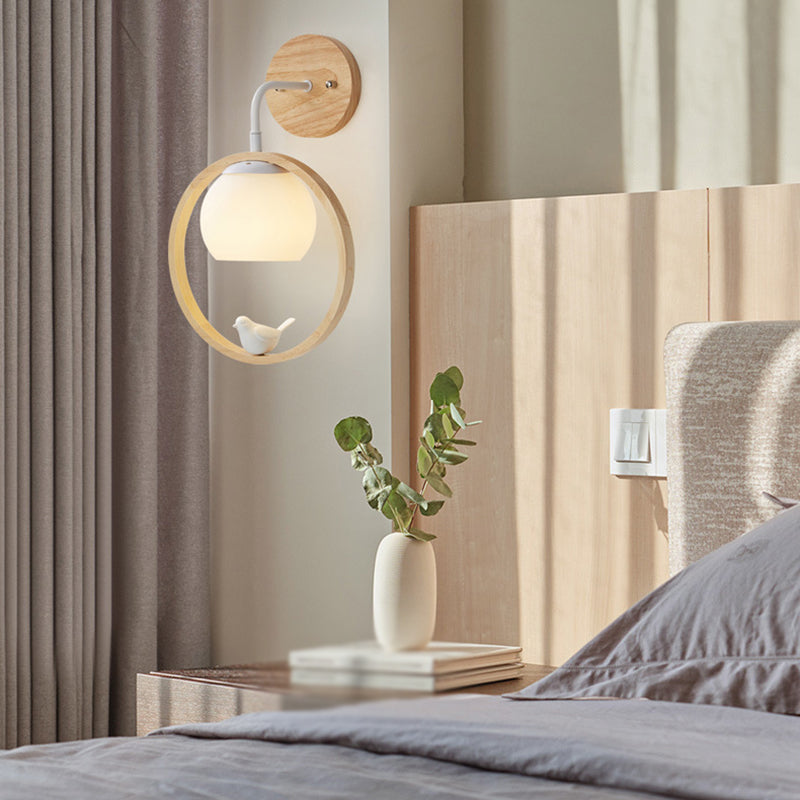White Globe Shaded Wall Light Contemporary Wood Lighting for Foyer