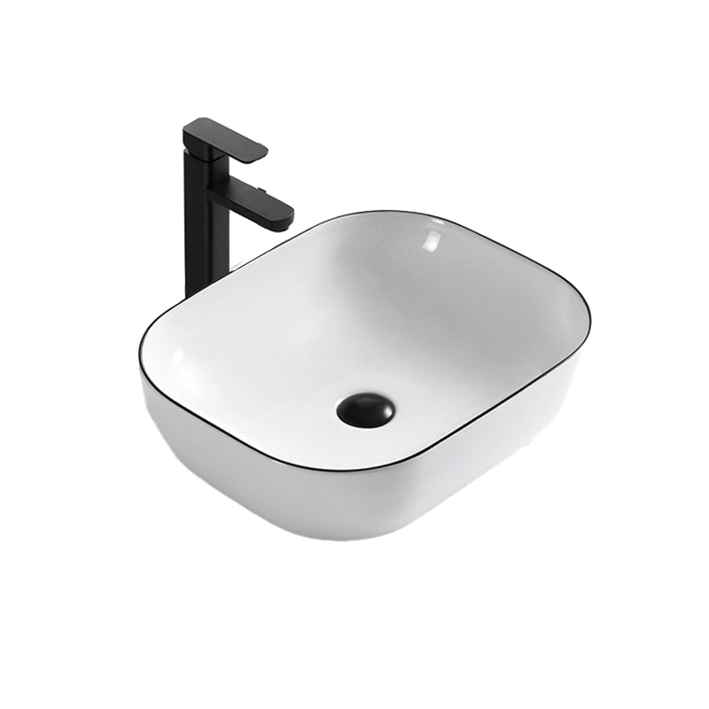 Modern Vessel Bathroom Sink Rectangular Porcelain Drain Assembly and Faucet Wash Stand
