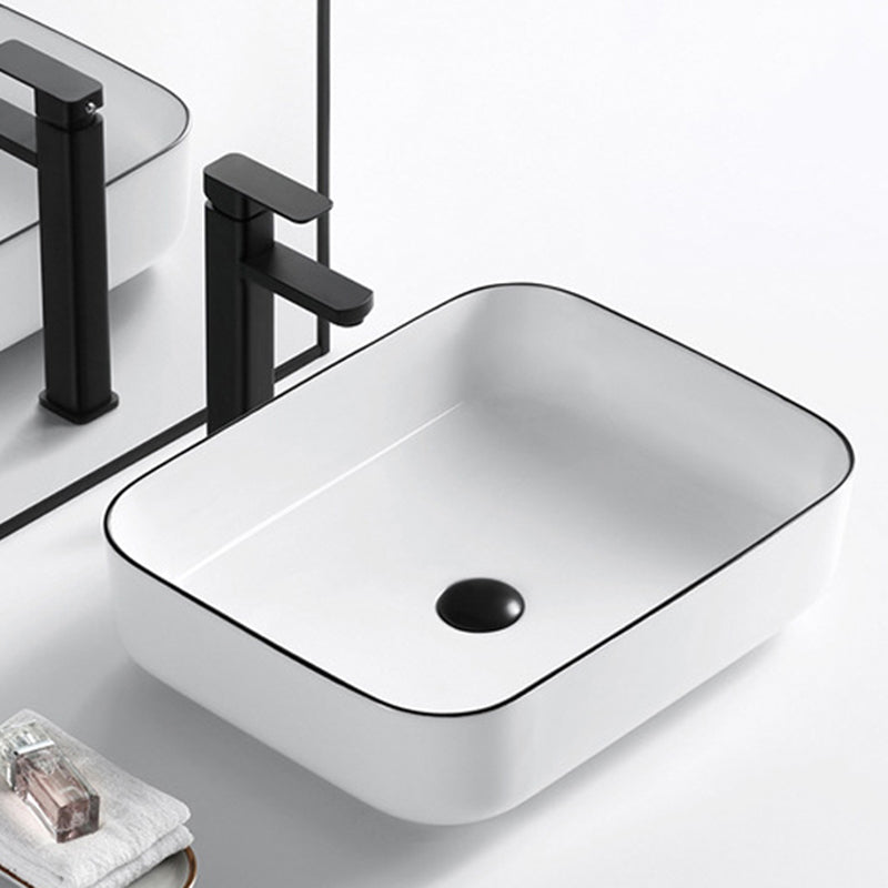 Modern Vessel Bathroom Sink Rectangular Porcelain Drain Assembly and Faucet Wash Stand