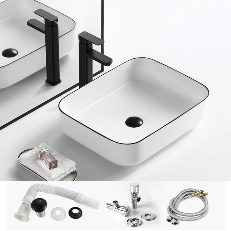 Modern Vessel Bathroom Sink Rectangular Porcelain Drain Assembly and Faucet Wash Stand