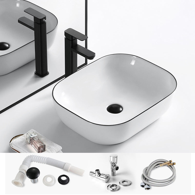 Modern Vessel Bathroom Sink Rectangular Porcelain Drain Assembly and Faucet Wash Stand
