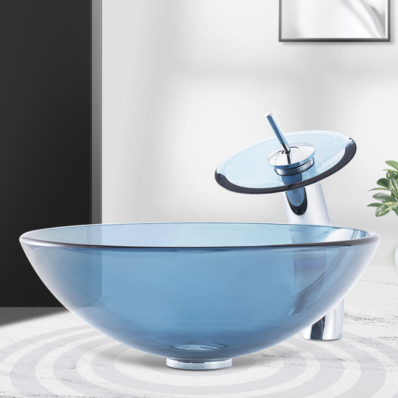 Modern Vessel Sink Oval Glass with Pop-Up Drain and Faucet Vessel Lavatory Sink