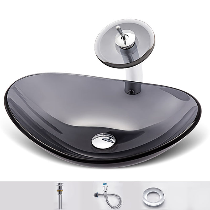 Modern Vessel Sink Oval Glass with Pop-Up Drain and Faucet Vessel Lavatory Sink