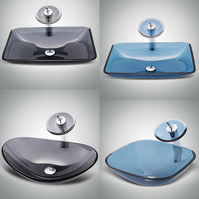 Modern Vessel Sink Oval Glass with Pop-Up Drain and Faucet Vessel Lavatory Sink