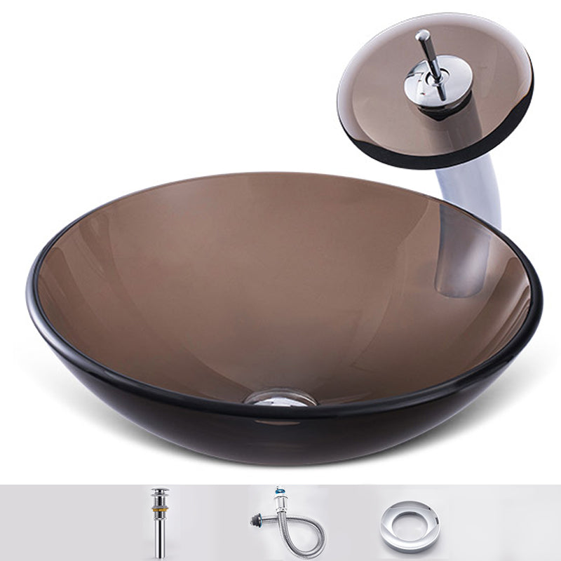 Modern Vessel Sink Oval Glass with Pop-Up Drain and Faucet Vessel Lavatory Sink