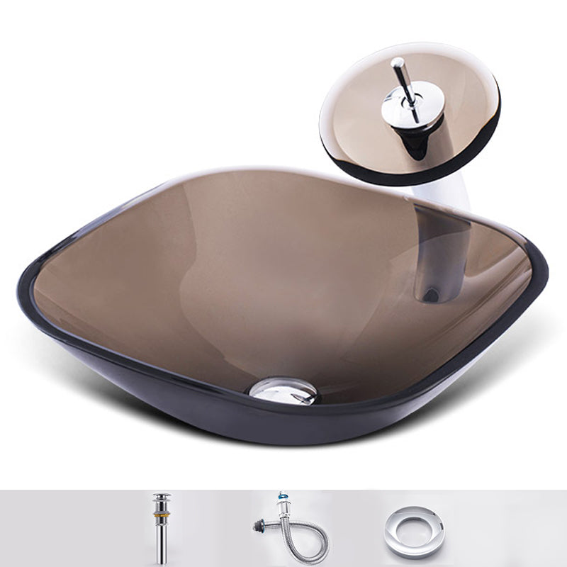 Modern Vessel Sink Oval Glass with Pop-Up Drain and Faucet Vessel Lavatory Sink