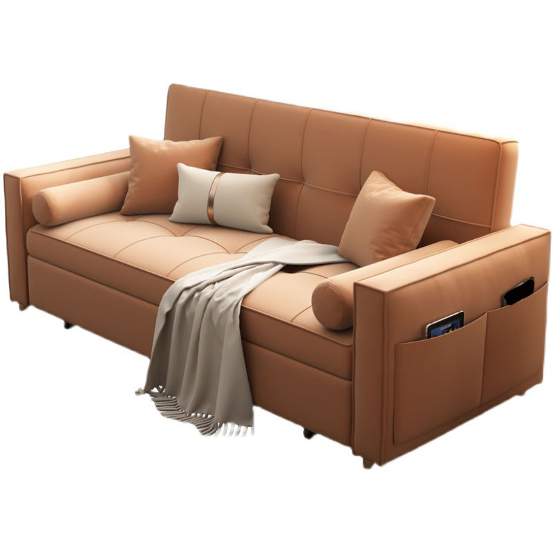 Faux Leather Convertible Sofa Bed with Pillows in Orange for Apartment