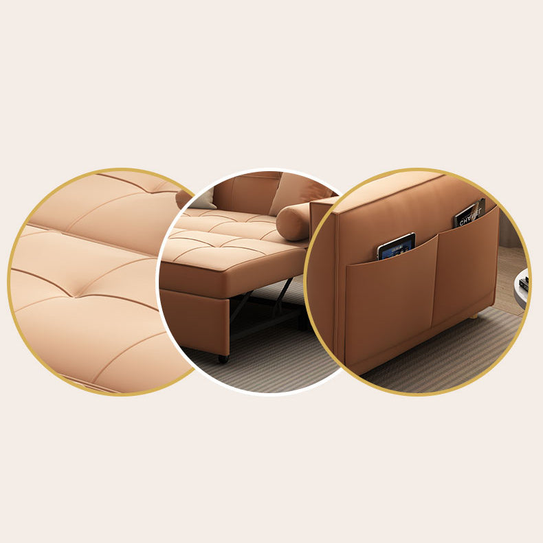 Faux Leather Convertible Sofa Bed with Pillows in Orange for Apartment