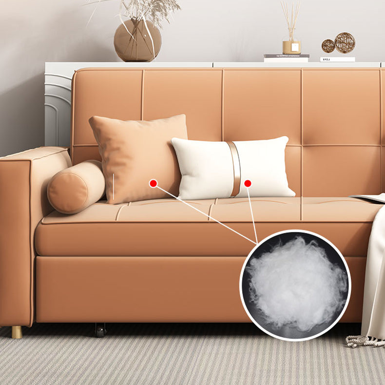 Faux Leather Convertible Sofa Bed with Pillows in Orange for Apartment
