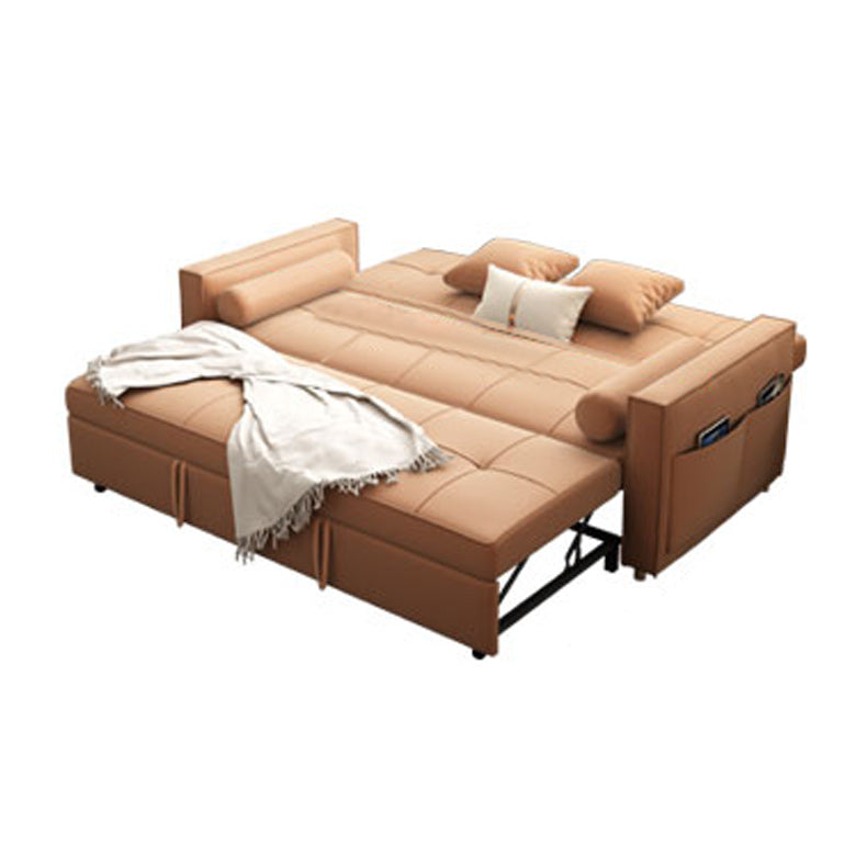Faux Leather Convertible Sofa Bed with Pillows in Orange for Apartment
