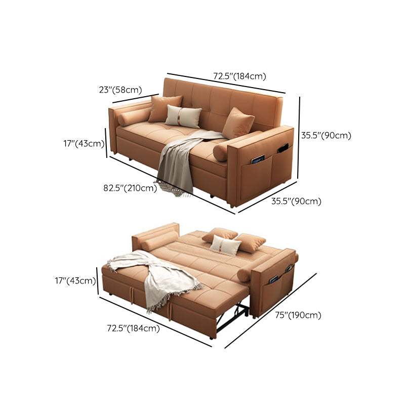 Faux Leather Convertible Sofa Bed with Pillows in Orange for Apartment